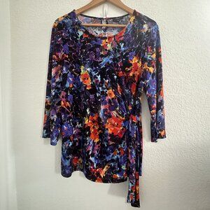 Cocomo Petite Top Womens XL Abstract Floral Side Tie Stretch‎ 3/4 Sleeve Whimsy